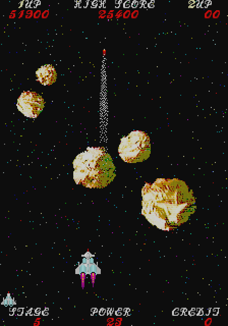 Sky Fox Arcade Screenshot: Dodge or shoot the asteroids...