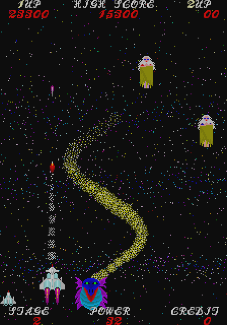 Sky Fox Arcade Screenshot: Almost hit by a zig-zagging enemy...