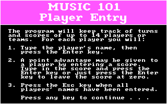 Music 101: Trivia from Mozart to Motown IBM PC/Compatibles Screenshot: First, player entry...