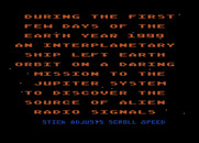 Quest of the Space Beagle for Atari 8-bit - Part of the story scrolls by in the intro.