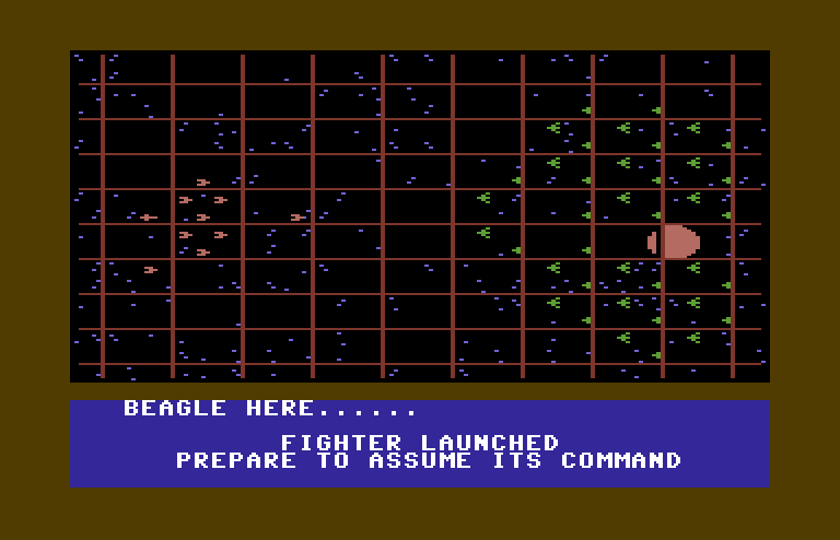 Quest of the Space Beagle Commodore 64 Screenshot: Lost a life, so the next fighter launches...