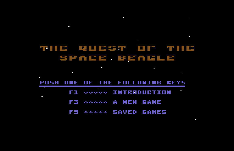 Quest of the Space Beagle Commodore 64 Screenshot: The main menu.