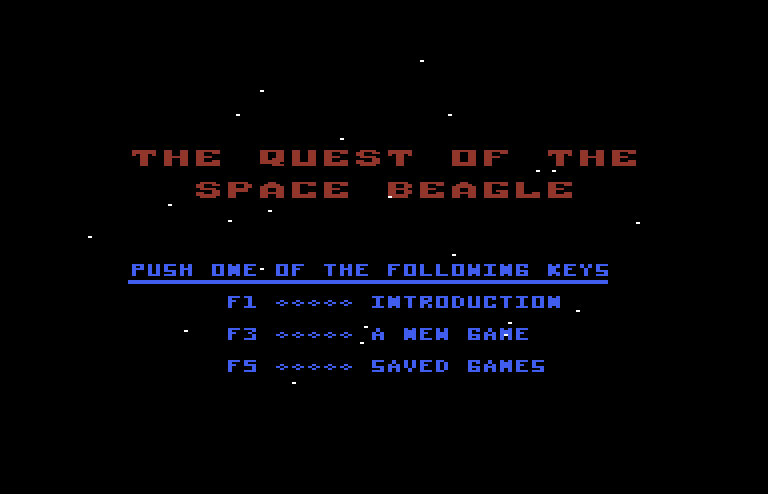 Quest of the Space Beagle Commodore 64 Screenshot: The main menu.
