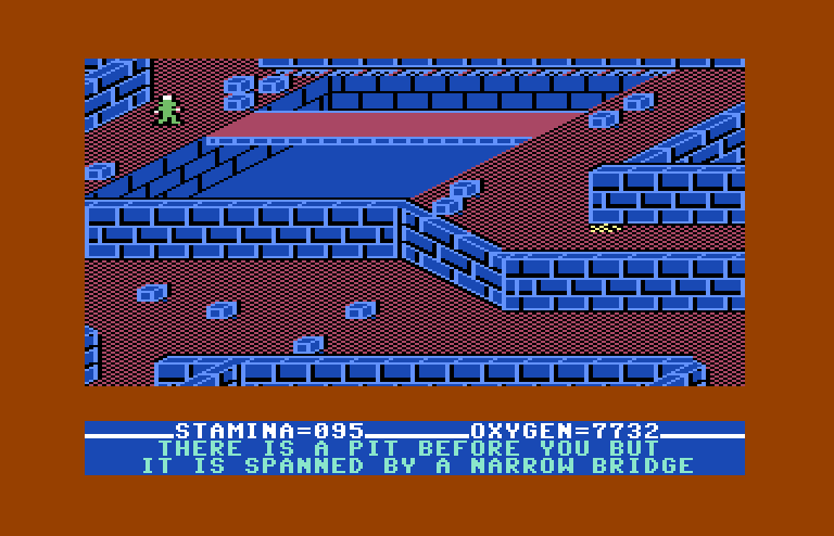 Quest of the Space Beagle Commodore 64 Screenshot: A bridge crosses this pit...