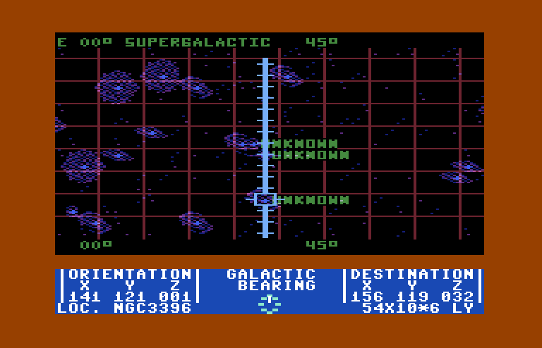Quest of the Space Beagle Commodore 64 Screenshot: At first it's unknown which galaxy is which...you'll need to travel there to determine that!