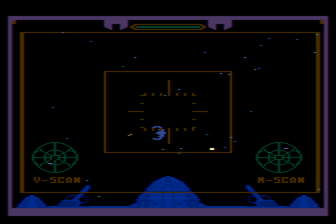 Quest of the Space Beagle Atari 8-bit Screenshot: Another enemy fighter flies by, but isn't quite in the targeting area.