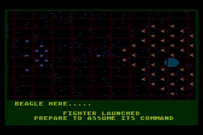 Quest of the Space Beagle Atari 8-bit Screenshot: Fighter launched!