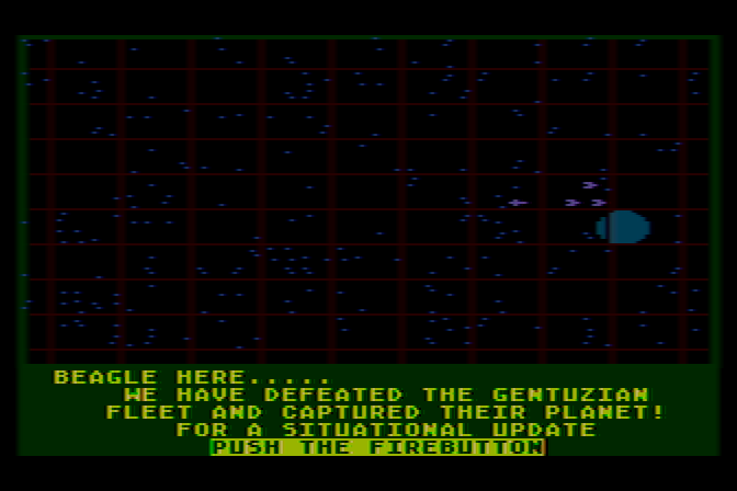 Quest of the Space Beagle Atari 8-bit Screenshot: We have defeated the enemy fleet!