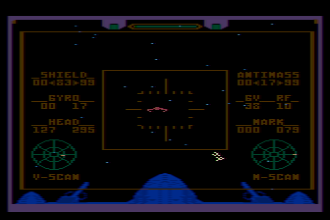 Quest of the Space Beagle Atari 8-bit Screenshot: Firing at a target...