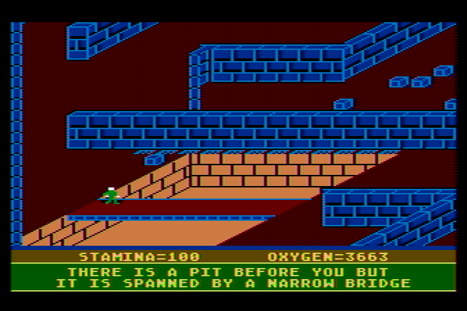 Quest of the Space Beagle Atari 8-bit Screenshot: This pit is spanned by a narrow bridge.