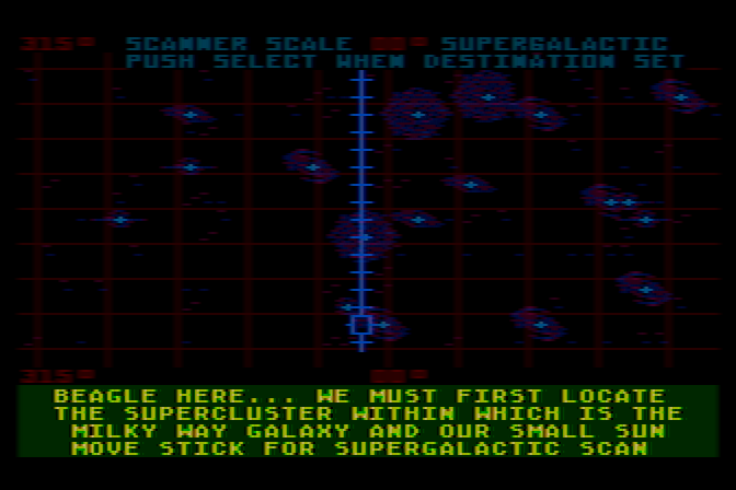 Quest of the Space Beagle Atari 8-bit Screenshot: We have a hyperdrive now, and it's time to search for the Earth!