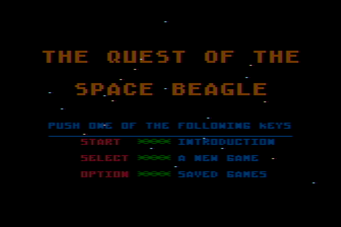 Quest of the Space Beagle Atari 8-bit Screenshot: Main menu.