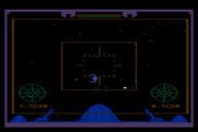 Quest of the Space Beagle for Atari 8-bit - Another enemy fighter flies by, but isn't quite in the targeting area.