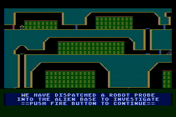 Jupiter Mission 1999 Atari 8-bit Screenshot: Entering the alien complex maze.