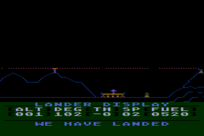 Jupiter Mission 1999 Atari 8-bit Screenshot: We have landed! Now, it's on to the next section...