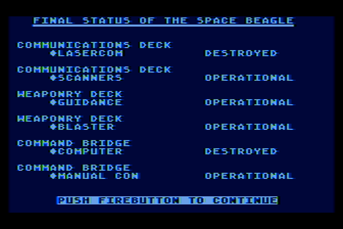 Jupiter Mission 1999 Atari 8-bit Screenshot: When the game is over (whether you win or lose), a detailed status of the Space Beagle is displayed.