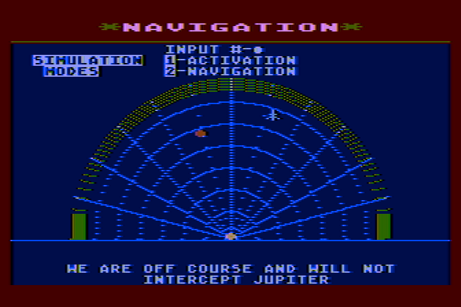 Jupiter Mission 1999 Atari 8-bit Screenshot: Setting my course; the simulation shows that I'm way off course!