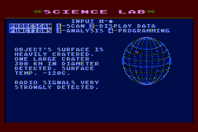 Jupiter Mission 1999 Atari 8-bit Screenshot: Here's the results from a probe...this looks like a promising place to explore!