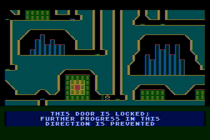 Jupiter Mission 1999 Atari 8-bit Screenshot: The door is locked; I can't go this way yet!