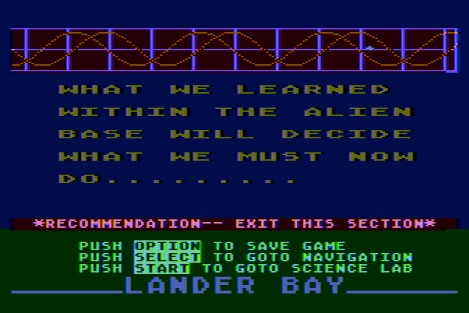 Jupiter Mission 1999 Atari 8-bit Screenshot: So...what must we do now?