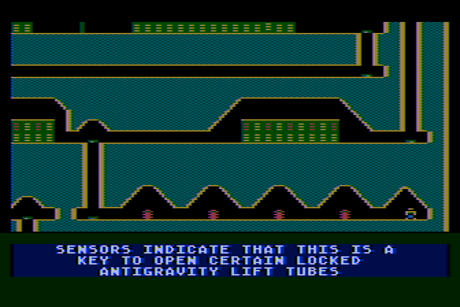 Jupiter Mission 1999 Atari 8-bit Screenshot: You'll need to pick up some keys to unlock certain areas of the maze.