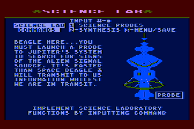 Jupiter Mission 1999 Atari 8-bit Screenshot: Welcome to the science lab!