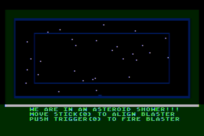 Jupiter Mission 1999 Atari 8-bit Screenshot: We're in an asteroid shower!!!