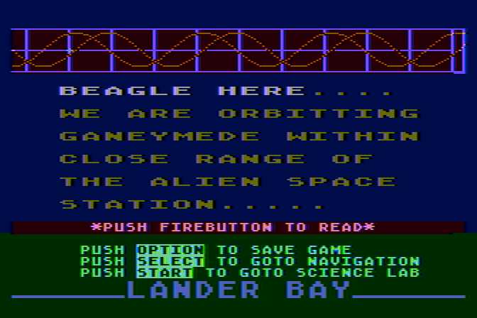 Jupiter Mission 1999 Atari 8-bit Screenshot: Time to land on an alien space station...