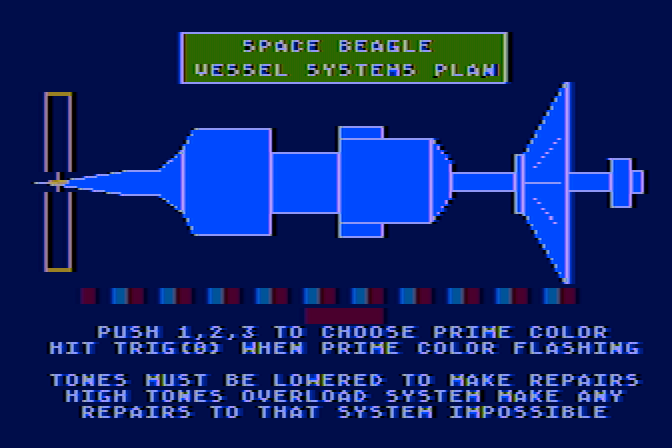 Jupiter Mission 1999 Atari 8-bit Screenshot: Repairing a section of the ship...