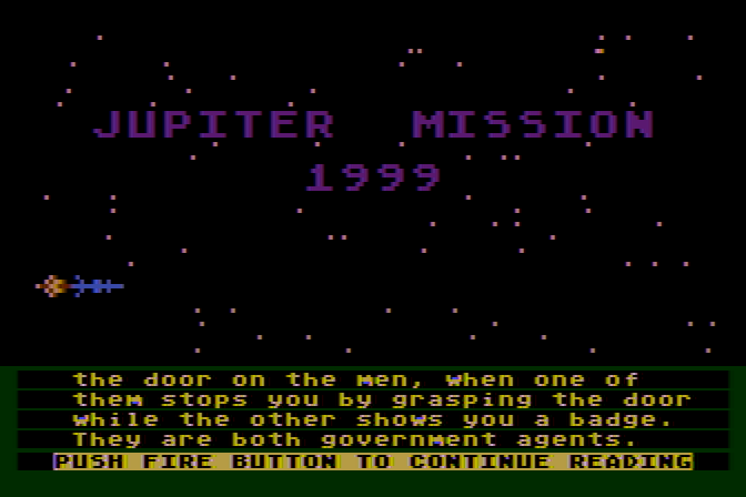 Jupiter Mission 1999 Atari 8-bit Screenshot: The story so far...