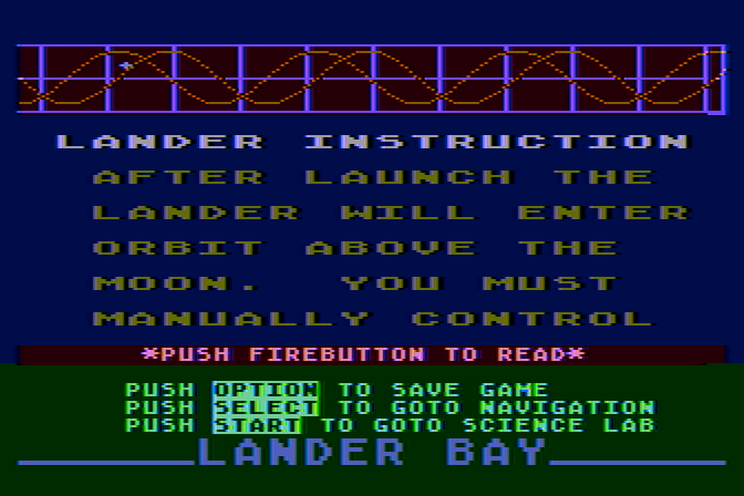 Jupiter Mission 1999 Atari 8-bit Screenshot: Lander instructions page 1.