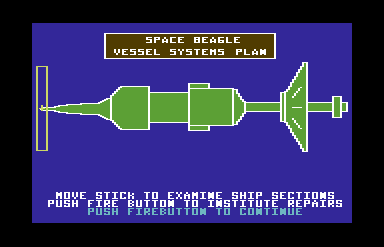Jupiter Mission 1999 Commodore 64 Screenshot: Instructions on how to repair the Space Beagle.