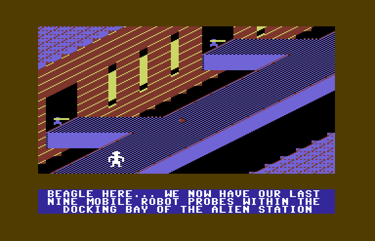Jupiter Mission 1999 Commodore 64 Screenshot: Beagle here...time to guide a robot past some alien guns!