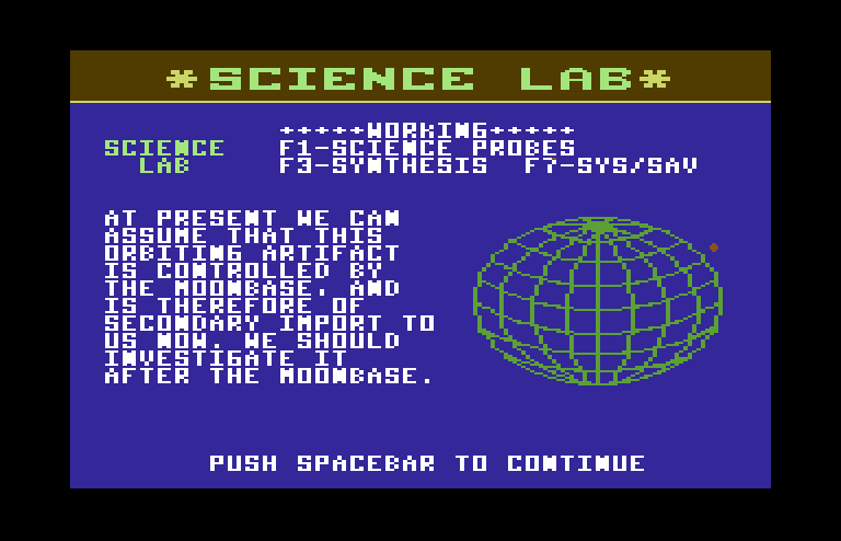 Jupiter Mission 1999 Commodore 64 Screenshot: Looks like the next step is to investigate the moonbase we found...