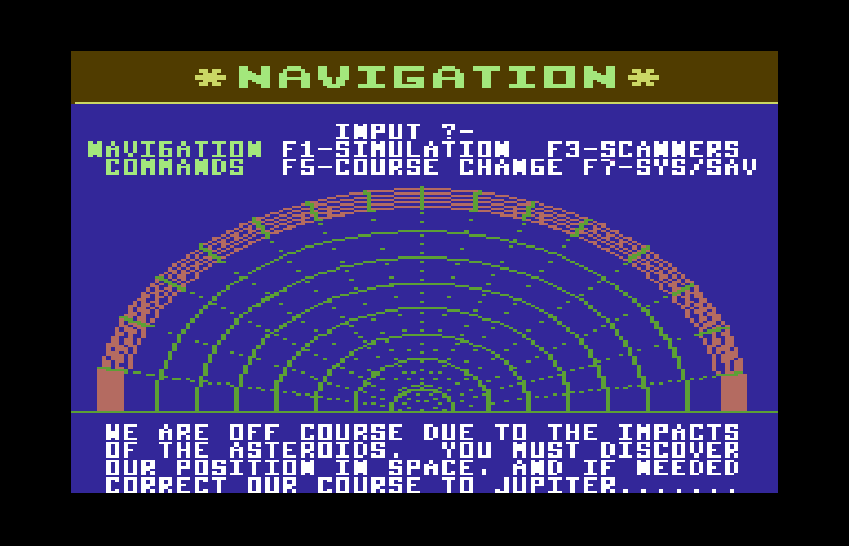 Jupiter Mission 1999 Commodore 64 Screenshot: We're off course...you'll need to get us back on track!