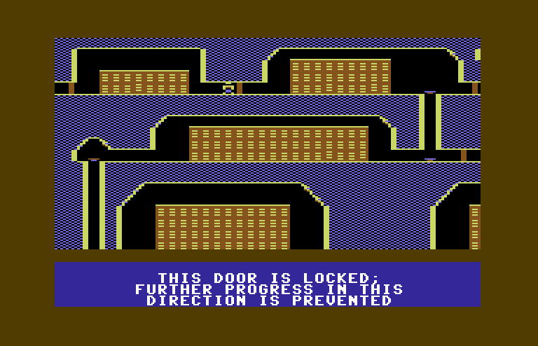 Jupiter Mission 1999 Commodore 64 Screenshot: Entering the alien base maze...
