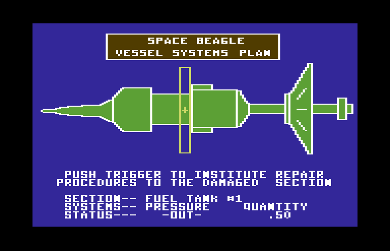 Jupiter Mission 1999 Commodore 64 Screenshot: You'll need to examine each section of the ship to determine if repairs are needed.