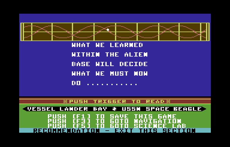 Jupiter Mission 1999 Commodore 64 Screenshot: We now know what we must do!