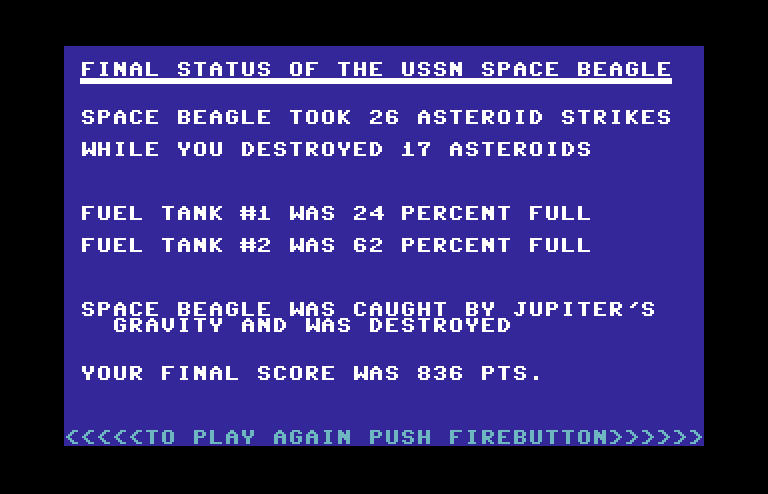 Jupiter Mission 1999 Commodore 64 Screenshot: There are many ways to die in the game...crashing into Jupiter is one of them.