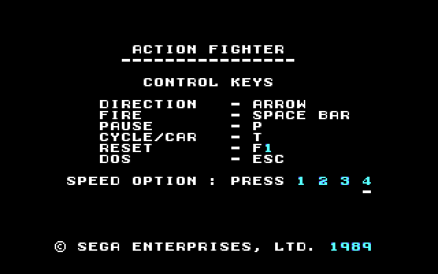 Action Fighter IBM PC/Compatibles Screenshot: Game controls.