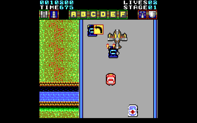 Action Fighter IBM PC/Compatibles Screenshot: Blasting opponent cars.