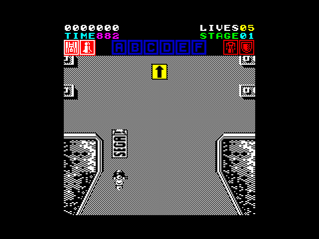 Action Fighter ZX Spectrum Screenshot: Drive into the van for upgrades.