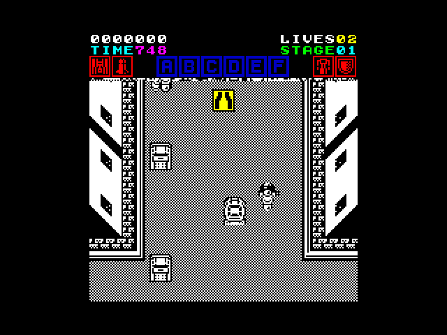 Action Fighter ZX Spectrum Screenshot: The yellow sign indicates if a change in the road is up ahead...
