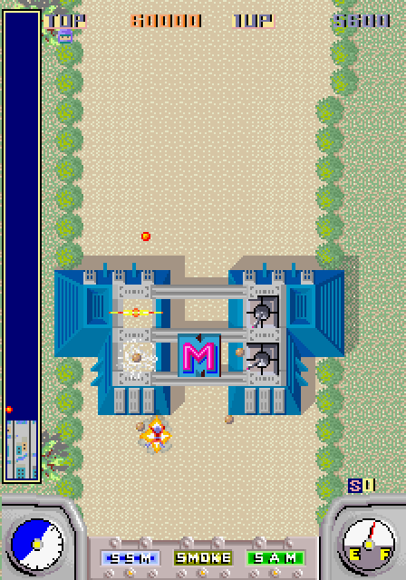 Action Fighter Arcade Screenshot: Oops, I crashed into a building...