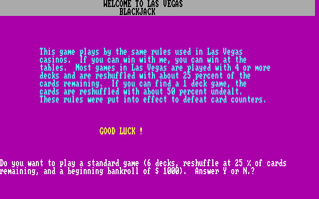 Las Vegas Blackjack IBM PC/Compatibles Screenshot: Welcome to the game!