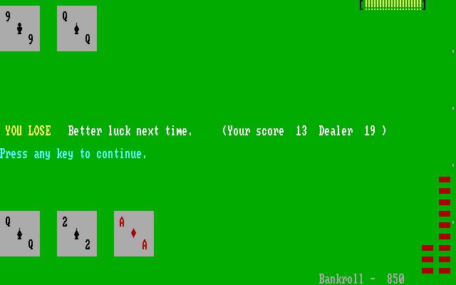 Las Vegas Blackjack IBM PC/Compatibles Screenshot: You lose this time!