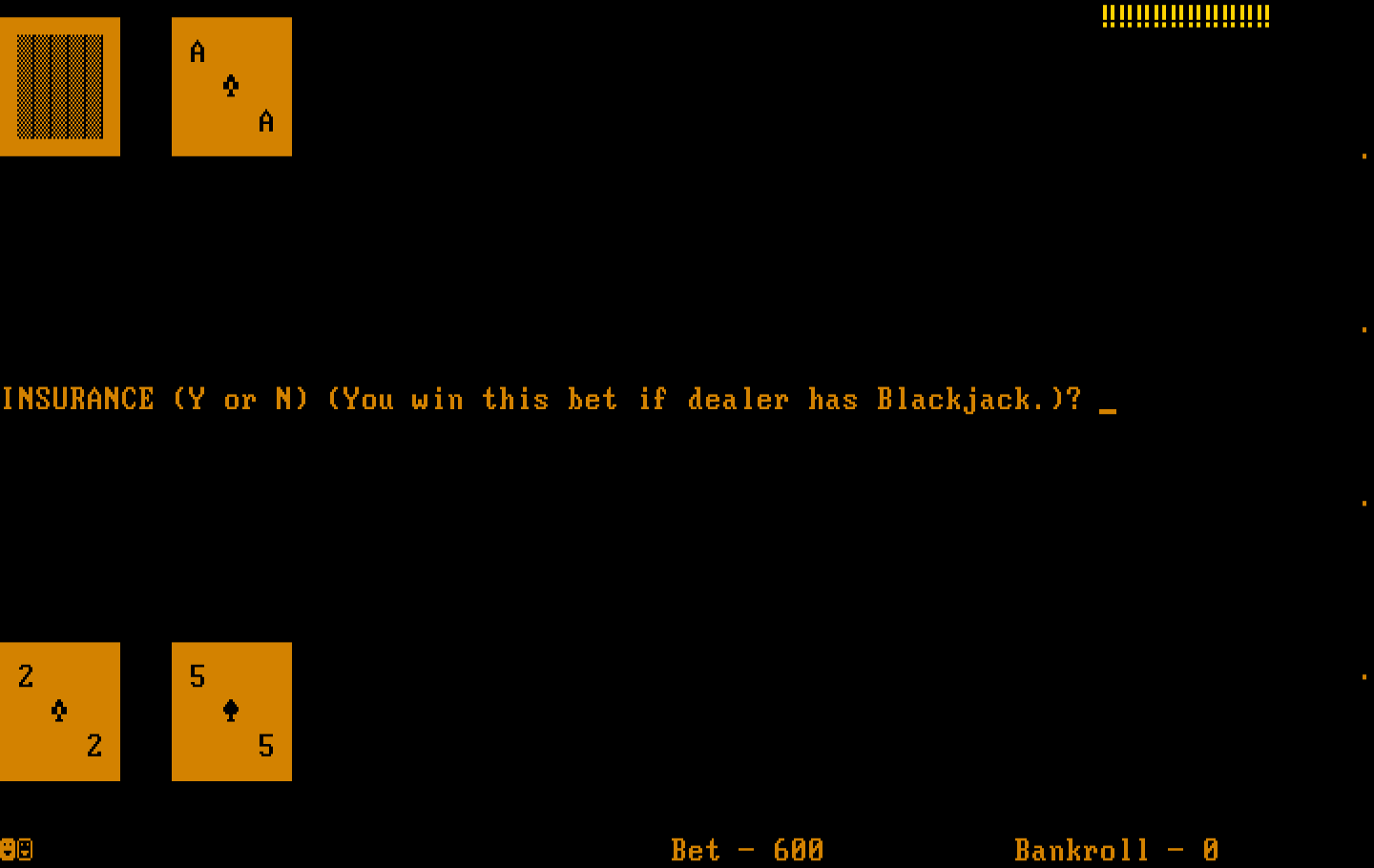 Las Vegas Blackjack IBM PC/Compatibles Screenshot: Do you want insurance?