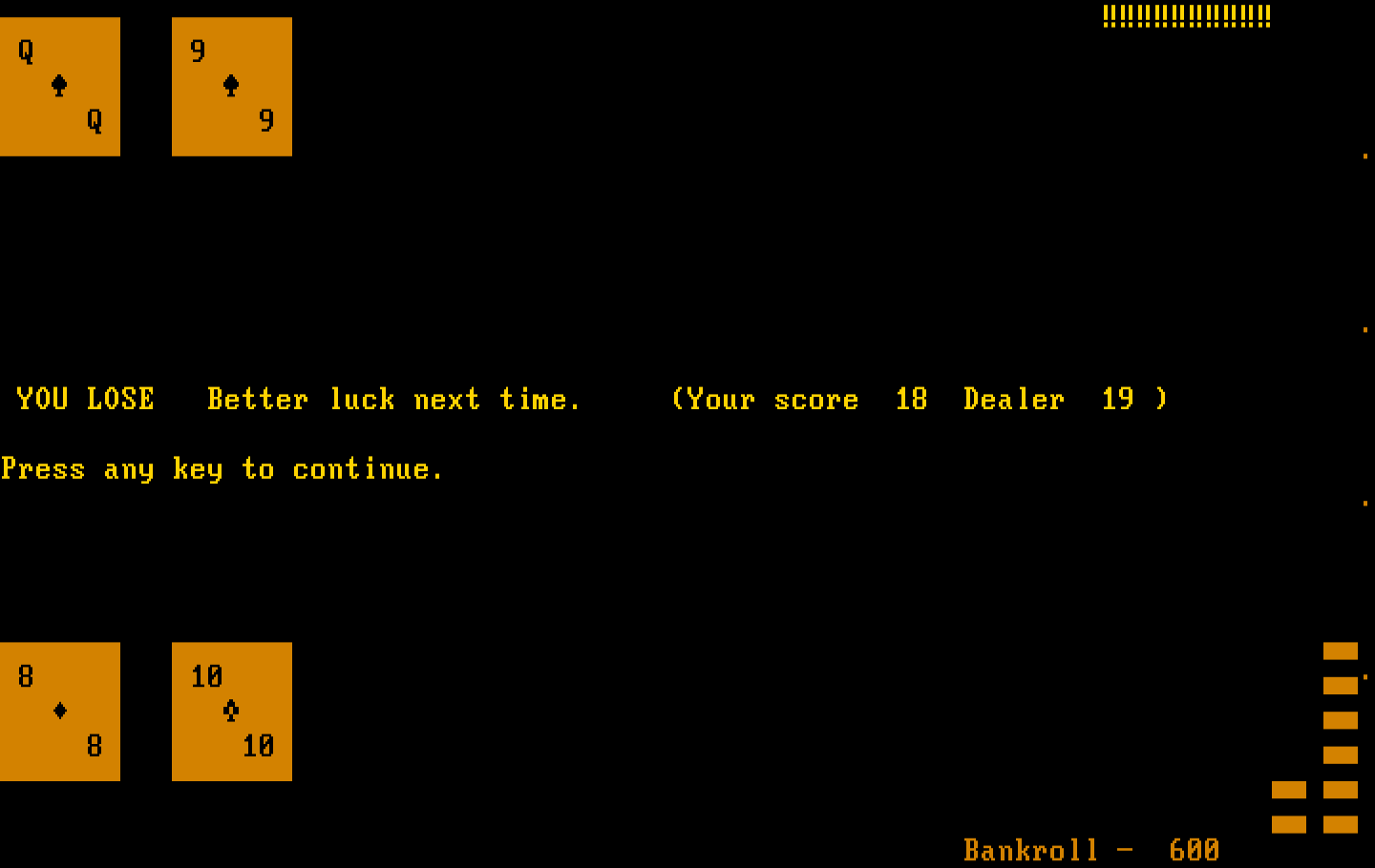 Las Vegas Blackjack IBM PC/Compatibles Screenshot: You lose!