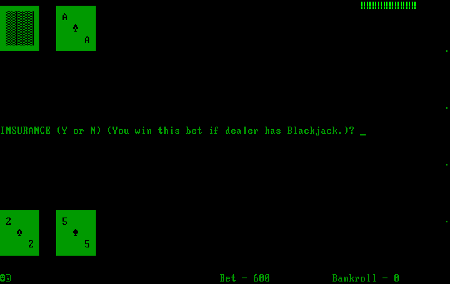 Las Vegas Blackjack IBM PC/Compatibles Screenshot: Do you want insurance?