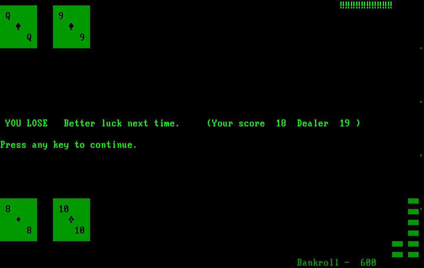 Las Vegas Blackjack IBM PC/Compatibles Screenshot: You lose!